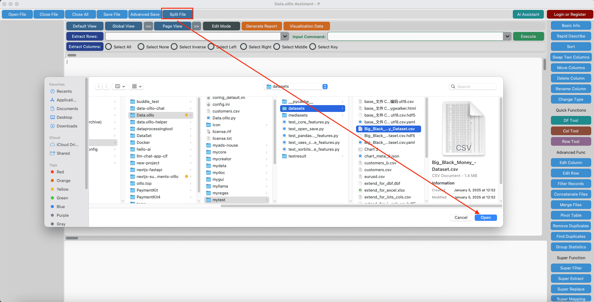Illustration of splitting CSV files by rows with DataOlllo