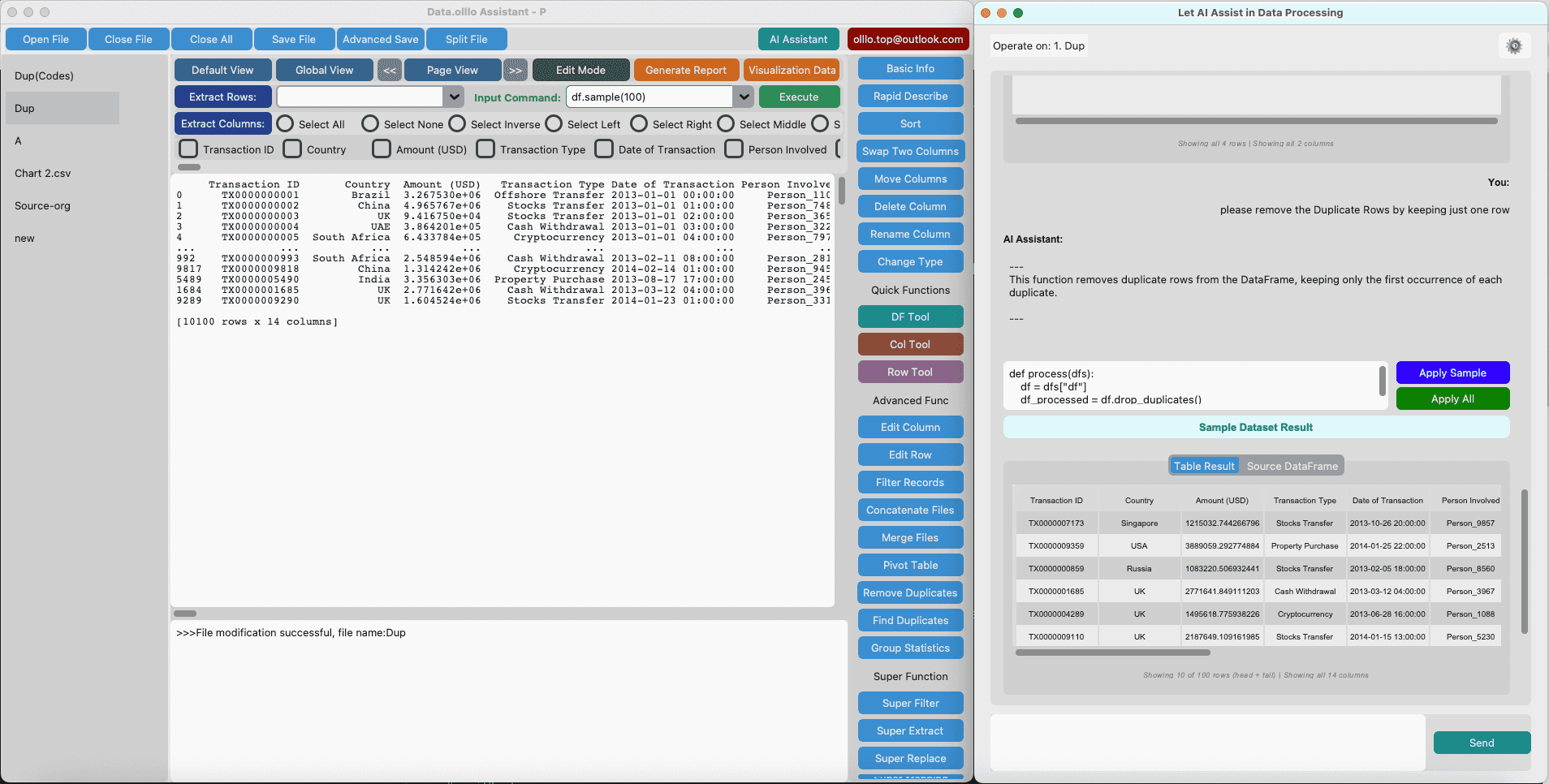 Example: remove the Duplicate Rows in DataOlllo