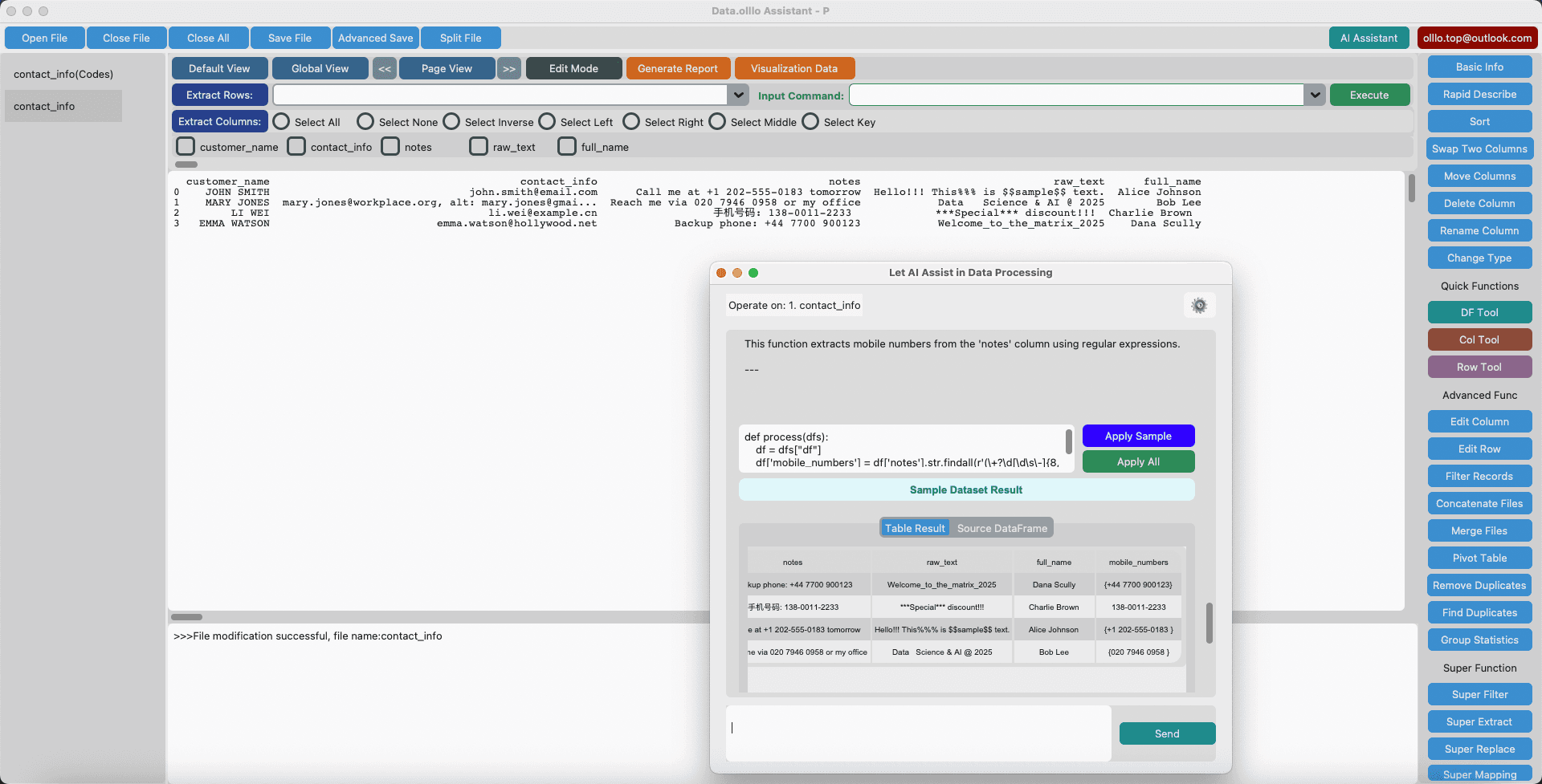 Example: Clean and extract text data automatically in DataOlllo