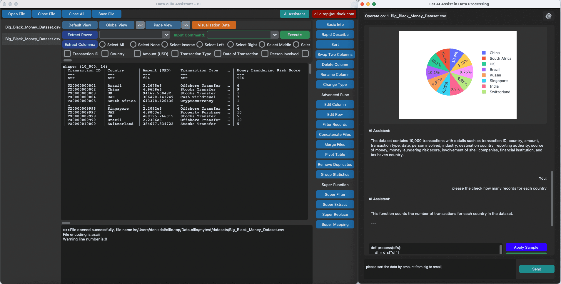 DataOlllo AI chat window screenshot