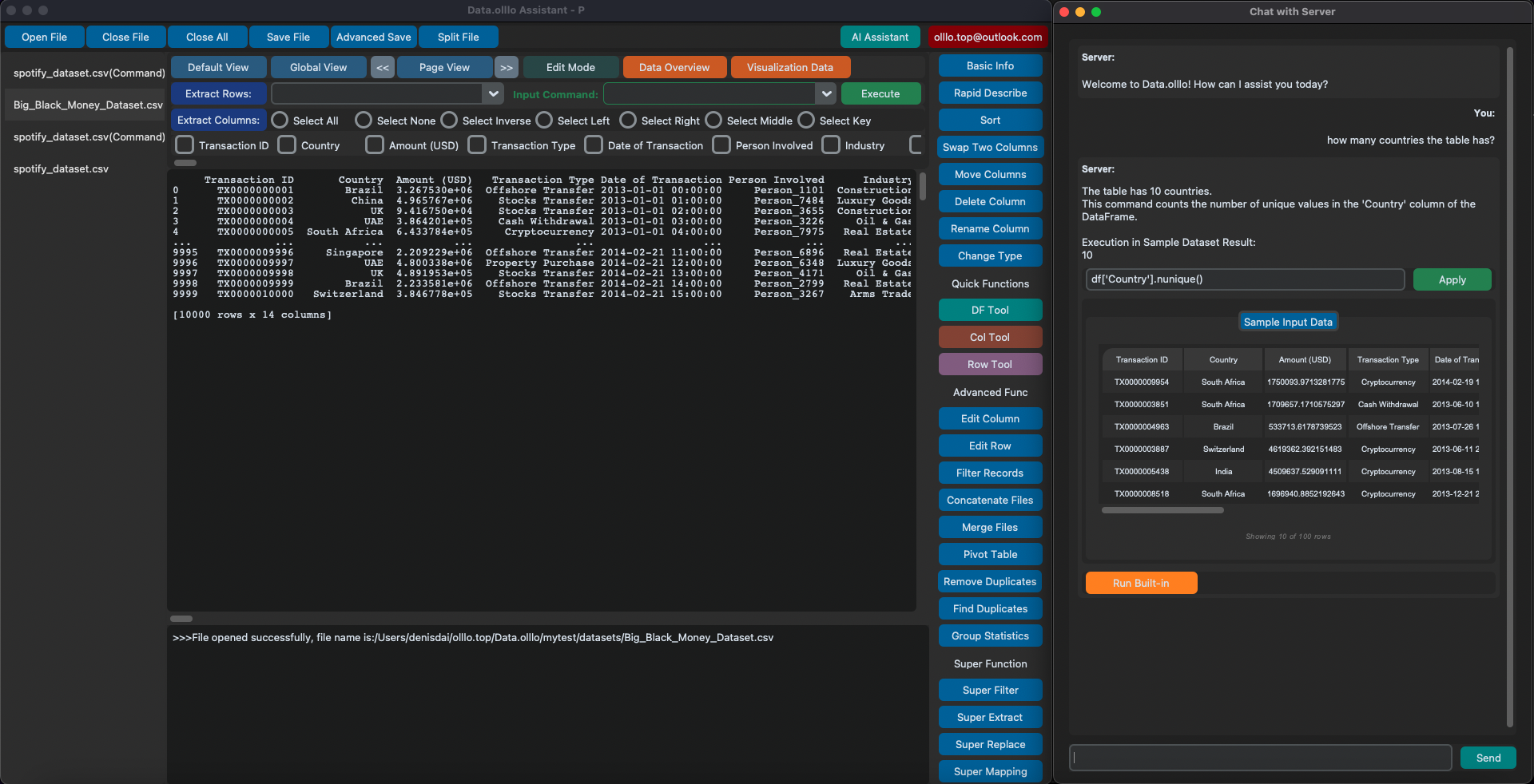 DataOlllo AI chat interface generating a local analysis workflow for large CSV files