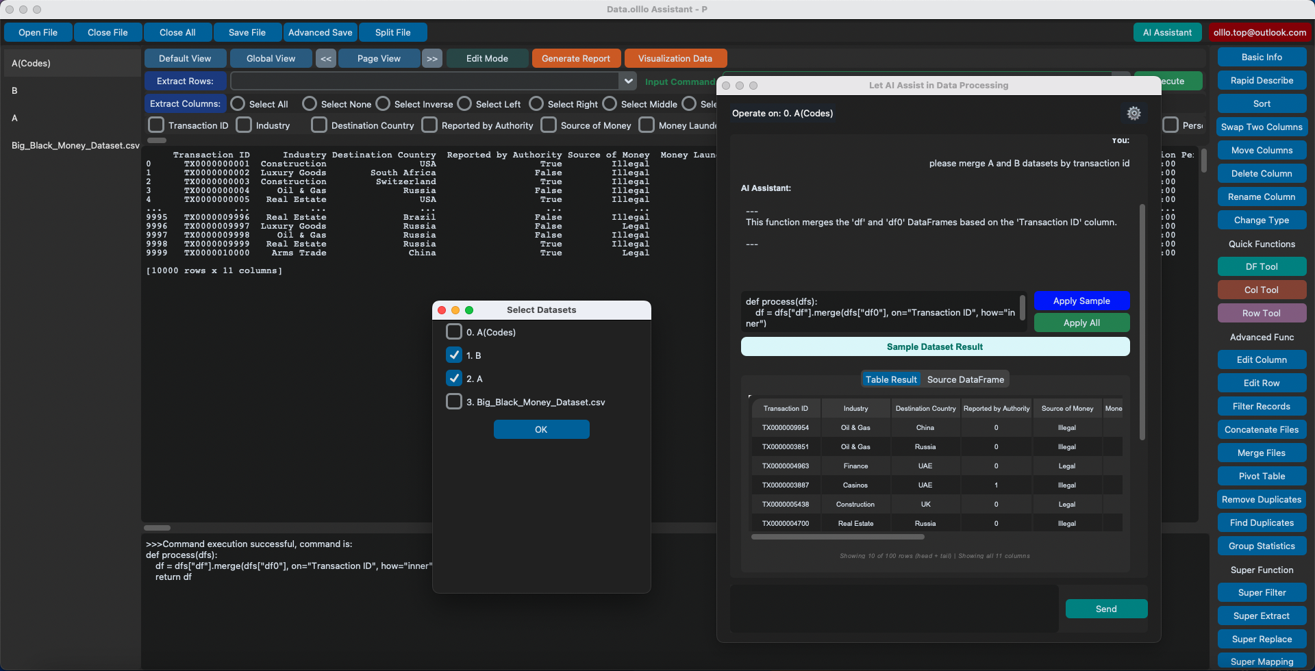 DataOlllo AI chat merge example